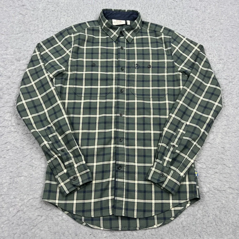 Fjallraven Fjallslim LS Shirt Mens Small Green Check Slim Flannel Button‎ Up